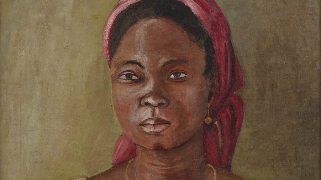 Girl in Red: Portrait of Gladys Ankora by Grace Salome Kwami (1954, oil on linen canvas, 76.2x55.8 cm. Exhibition: African Modernism in America.